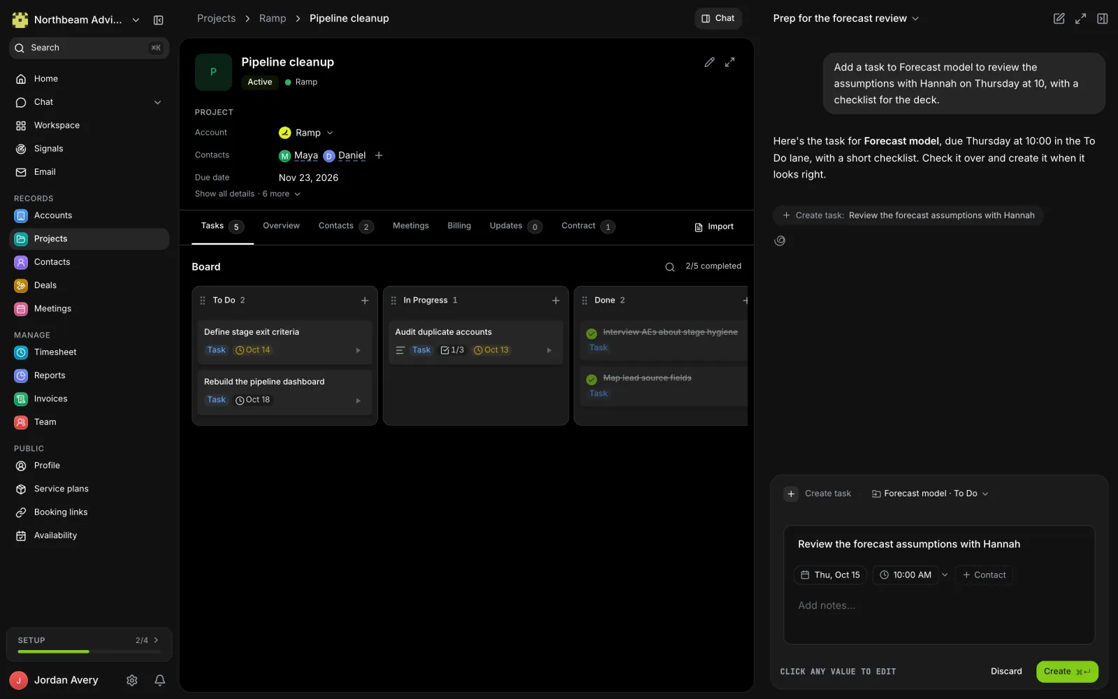 A Benchwork project page with chat open beside it, proposing a new task to approve